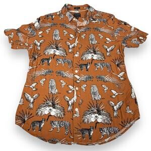 Guess Slim Fit Button Down Shirt Mens Small‎ S Safari Tiger Lion Jungle Print